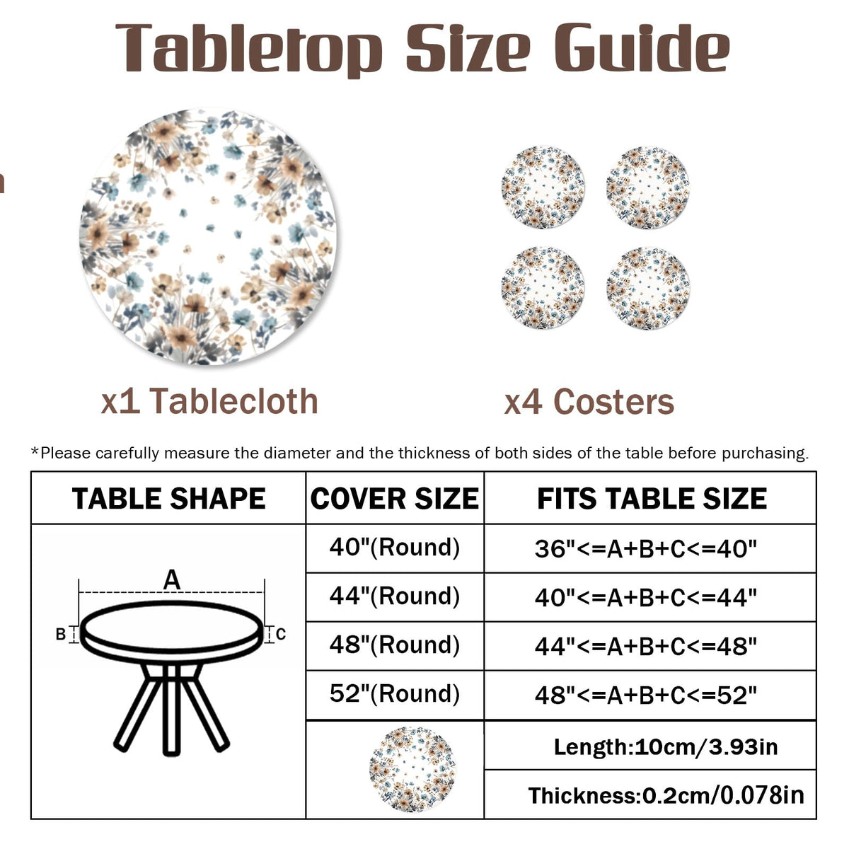 Floral Round Fitted Tablecloth with Elastic Edge Vintage Beige Blue Brown Wildflowers Leaf Table Cover for 44-48"