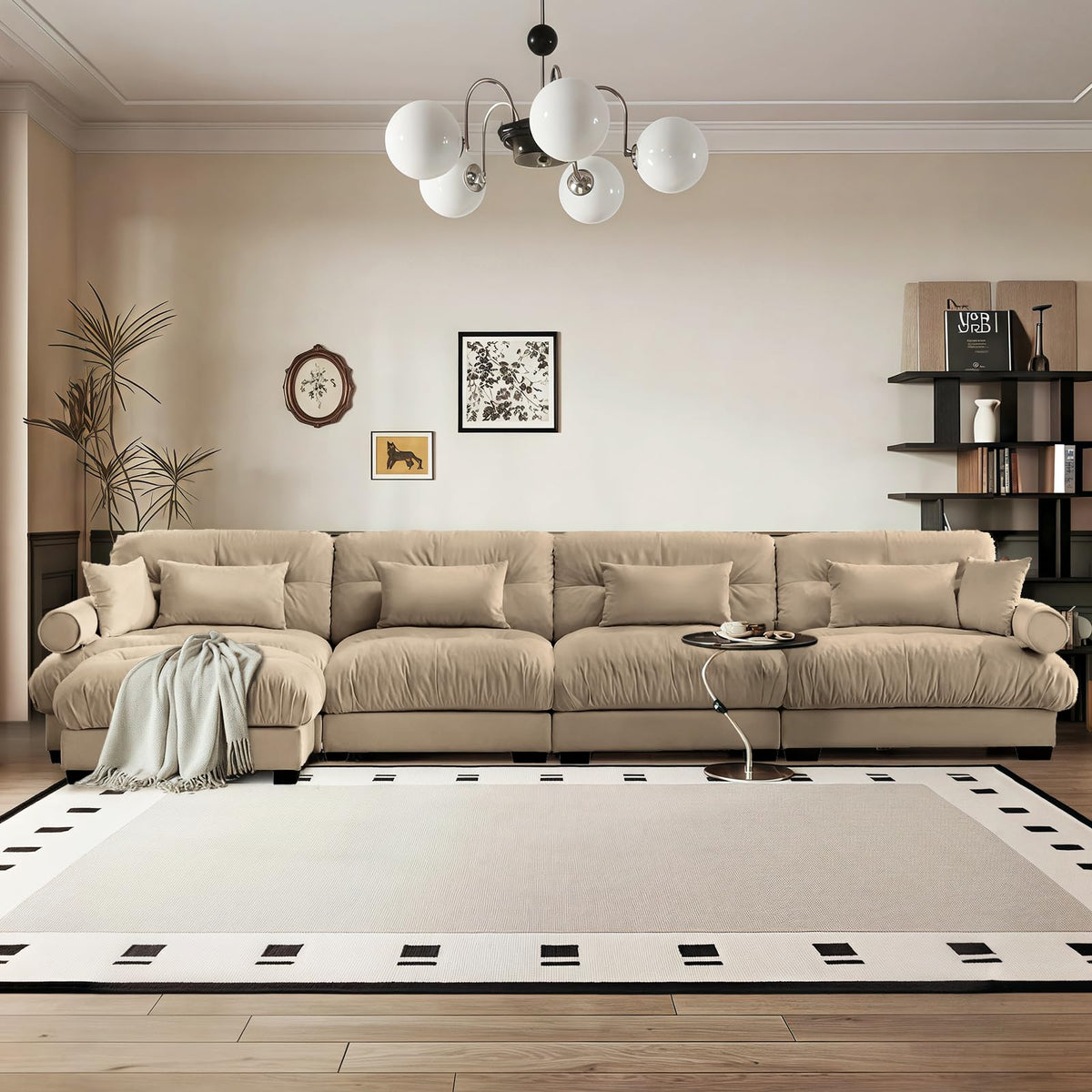 166" Sectional Couches, L Shaped Sofa Couch with Velvet Fabric, 4 Seat Modern Sofa with Ottoman, Removable Pillows