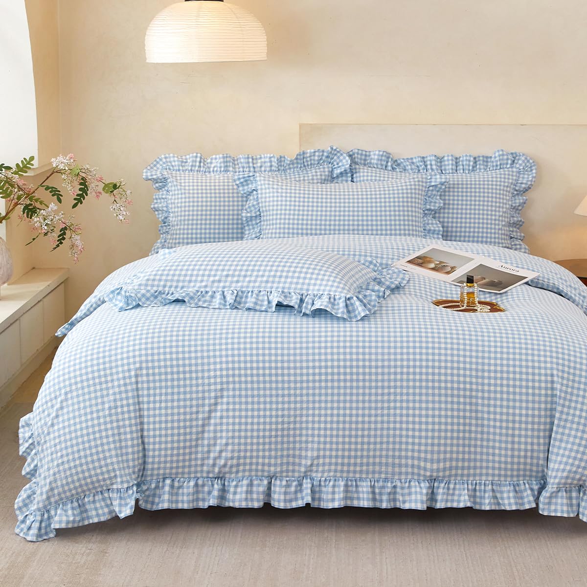 Gingham Ruffle Duvet Cover, Blue Bedding, Farmhouse French Country Style for Bed Decor, 3PCS - Duvet Cover