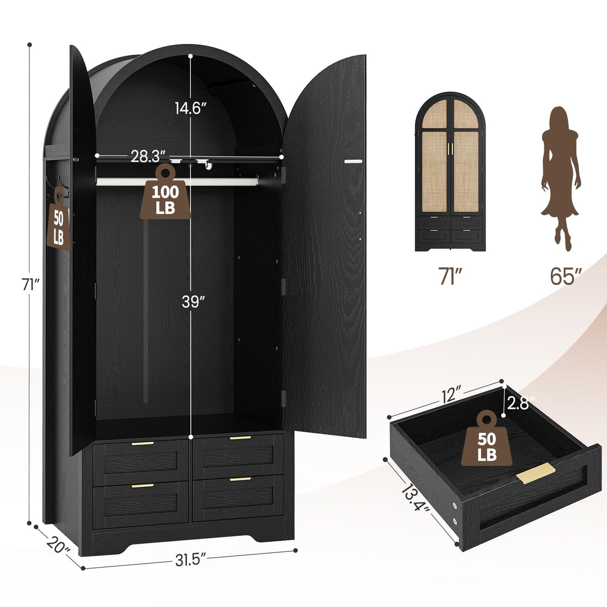 Armoire Wardrobe Closet with 4 Drawers - Wood Bedroom Armoires and Wardrobes with Rattan Doors for Hanging Clothes