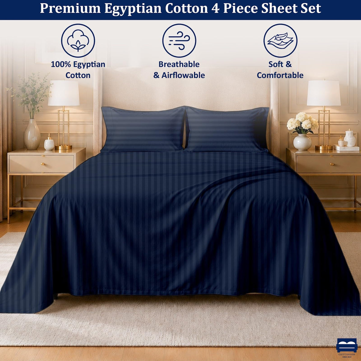 Full XL Sheets, Luxury Soft 100% Egyptian Cotton, 4 Pcs Dorm Bedding Set to Fit Upto 15" Deep College Room Mattress