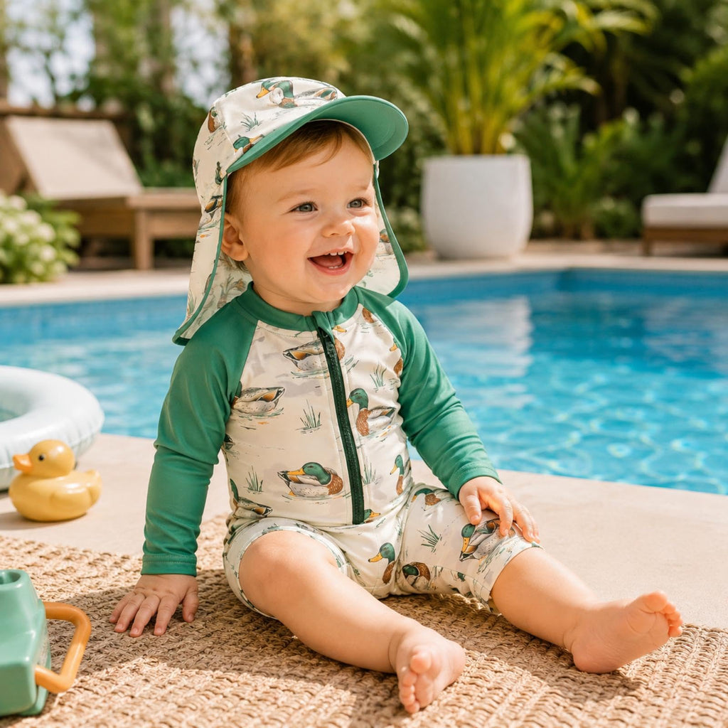 Toddler Baby Boy Swimsuit One Piece Rash Guard Bathing Suit Infant Beach Swimwear with Hat