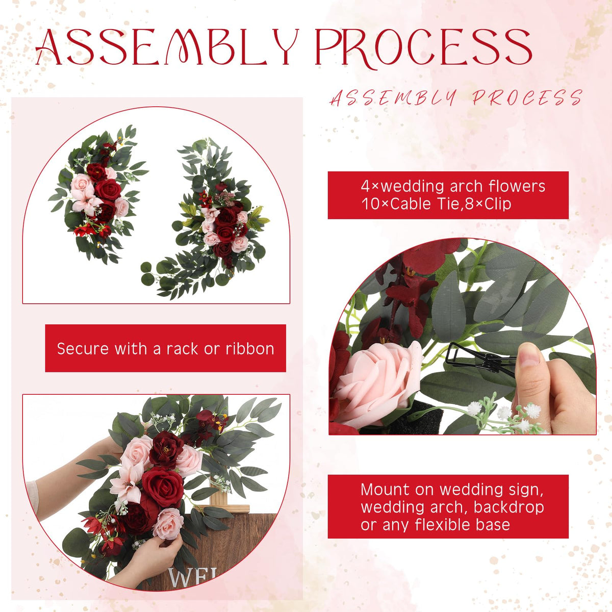 4 Pcs Fall Wedding Arch Flower Artificial Faux Floral Swag, Rose Red
