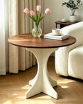 Inspired Saarinen Style Mid Century Modern Round Side Table Accent 24in Coffee Table with Amber Wood Grain Tabletop & White Curved Base
