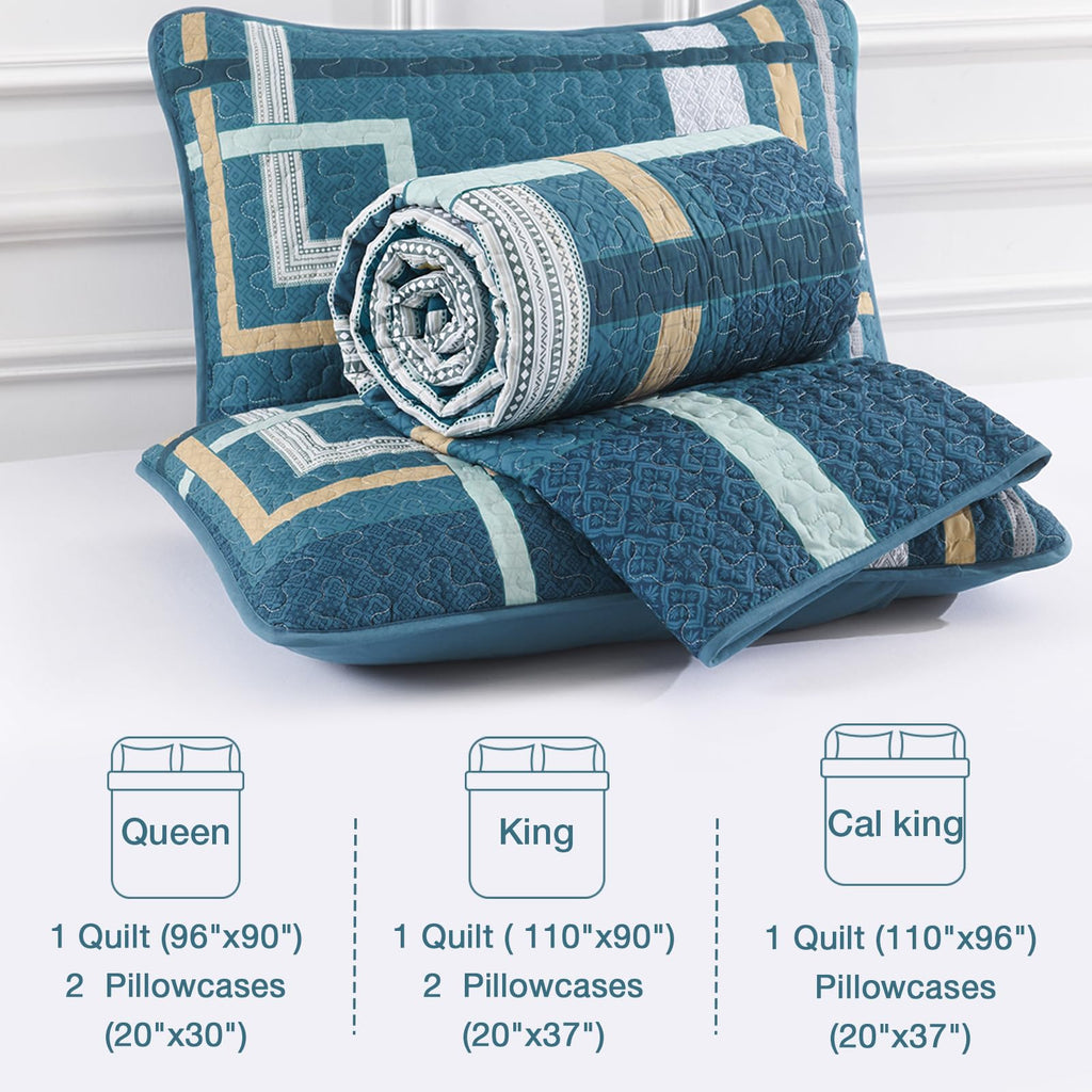 Teal Quilt Set, Boho Pachwork Stripe Bedspread