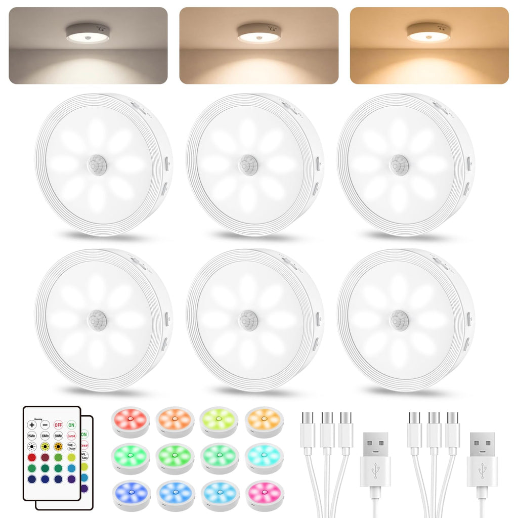 6PACK Rechargeable Puck Lights with Remote Motion Sensor Light indoor White