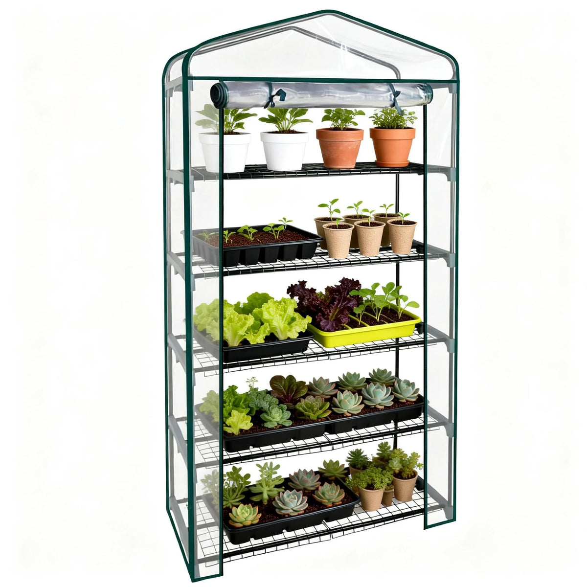 5 Tier Mini Greenhouse - 75'' H x 27'' L x 19'' W - Sturdy Portable Gardening Shelves with Transparent PVC Cover