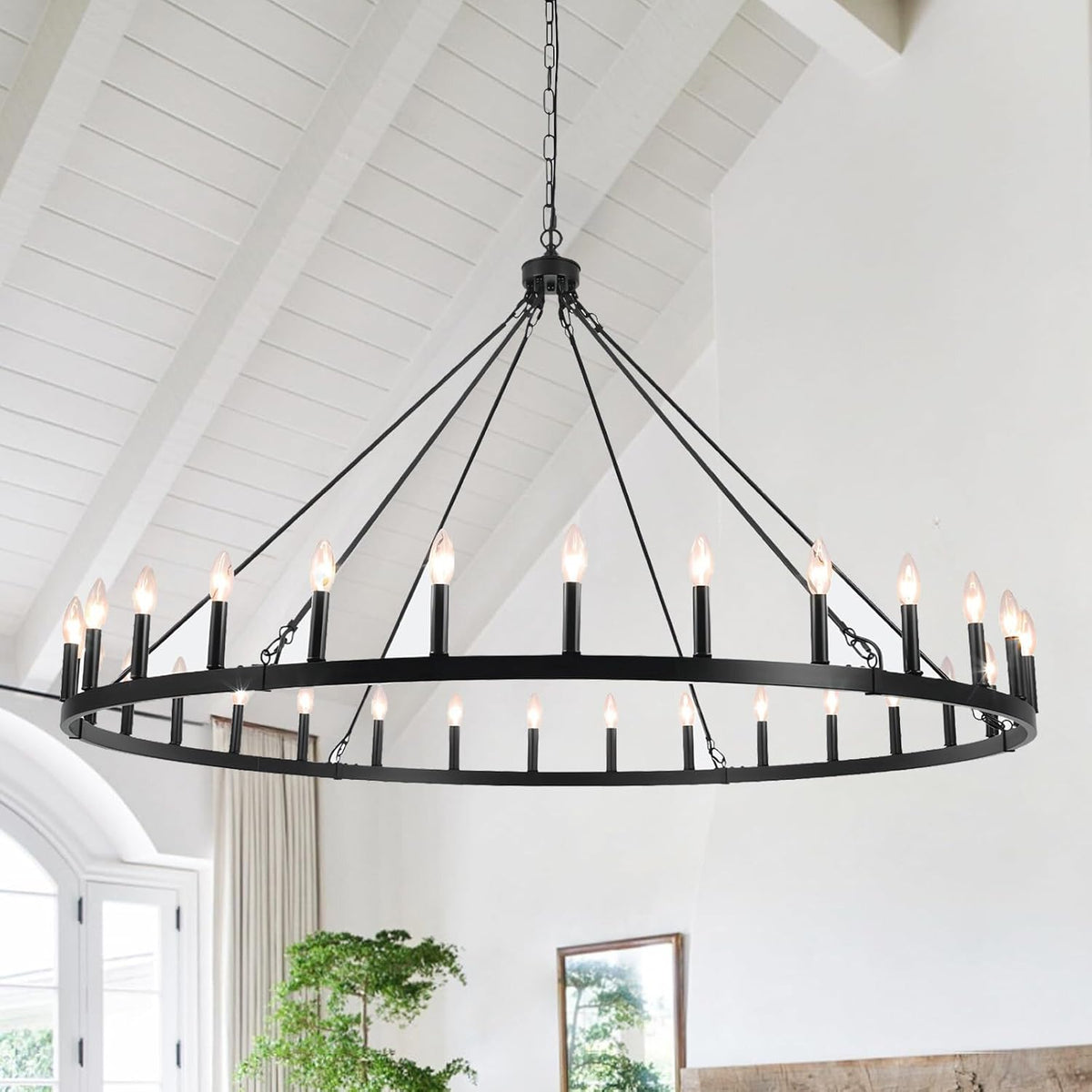 Extra-Large Black Wagon-Wheel Chandelier, Statement Ring for Vaulted Great Rooms
