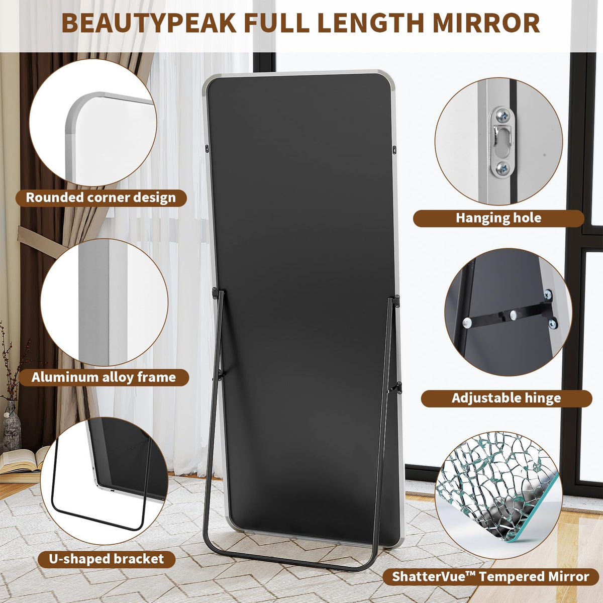 56" x 21" Rounded Corner Full Length Mirror with Stand, Silver