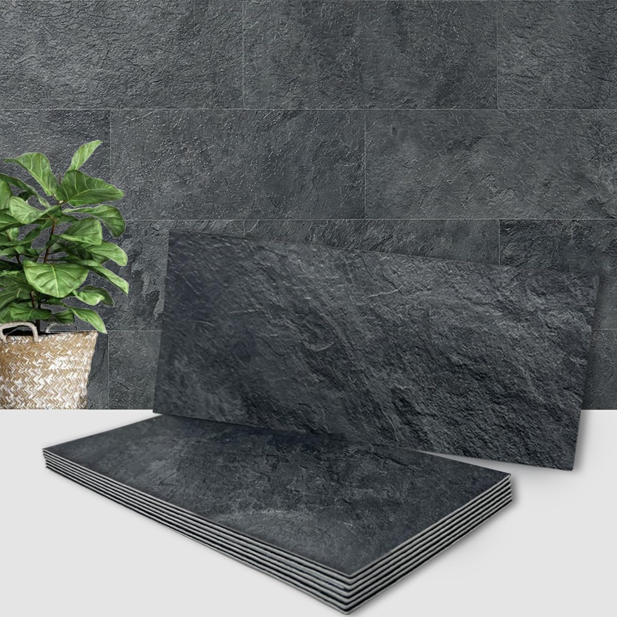 6" x 12" Black Slate Peel and Stick Backsplash Wall Tiles, PVC Faux Stone Stick on Tiles for Backsplash Kitchen