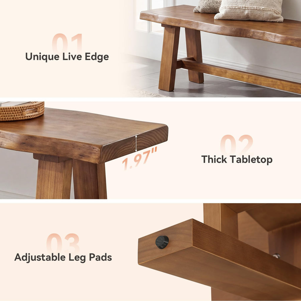 Solid Wood Entryway Bench, 63" Long Bed Bench with Angled Legs, Farmhouse Seating Benches, Rustic Brown