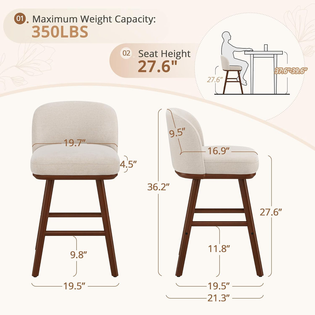 Counter Height Bar Stools Set of 3, Upholstered Barstools with Wooden Legs and Backs, 19.7" W & 27.6" H Counter
