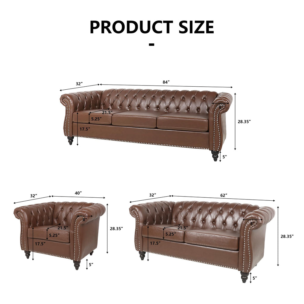 2 Piece Living Room Sofa Set, 3 Seater Faux Leather Sofa Couch and Chair Set, Mid Century Modern Upholstered Couch