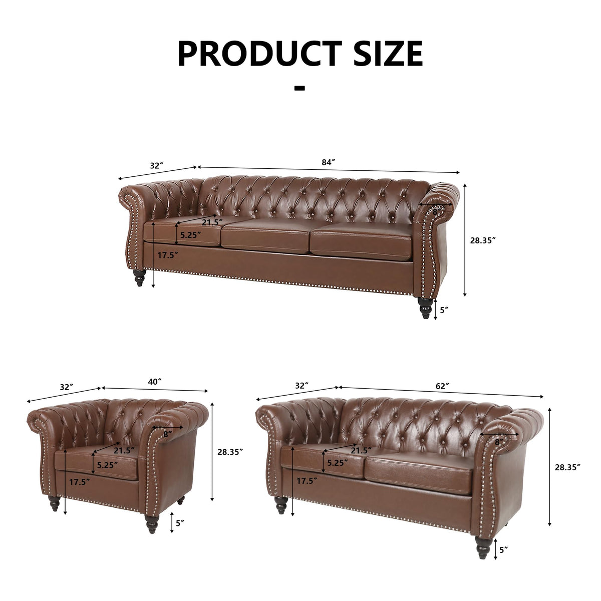 2 Piece Living Room Sofa Set, 3 Seater Faux Leather Sofa Couch and Chair Set, Mid Century Modern Upholstered Couch