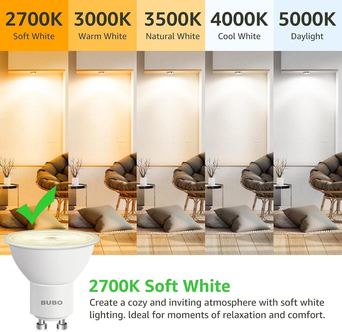 GU10 LED Bulb 6W Equivalent 50W, 2700K Soft White 650 Lumens, Non-Dimmable GU10 Bulb Replacement for Track Lighting
