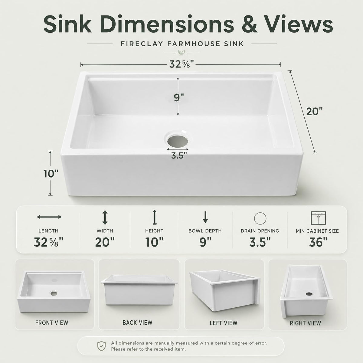 Self Trimming Farmhouse Sink 33 Inch, White Workstation Kitchen Sink | Tall Apron Front 33"x20"x10" Fireclay,Heavy