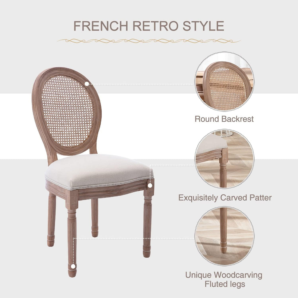 French Farmhouse Dining Chairs Set of 4, Upholstered Rattan Dining Chairs with Curved Backrest and Carved Solid Wood Frame for Dining Room or Restaurant