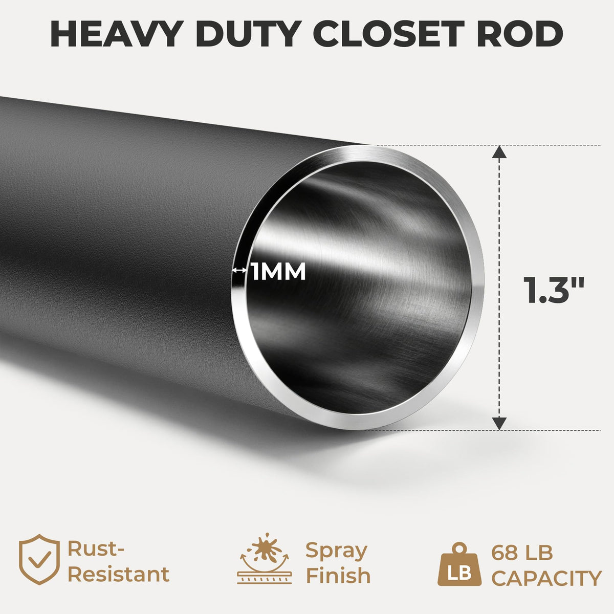 Closet Rod, 1.3" Heavy Duty Adjustable Hanging Rod 17-51 Inch