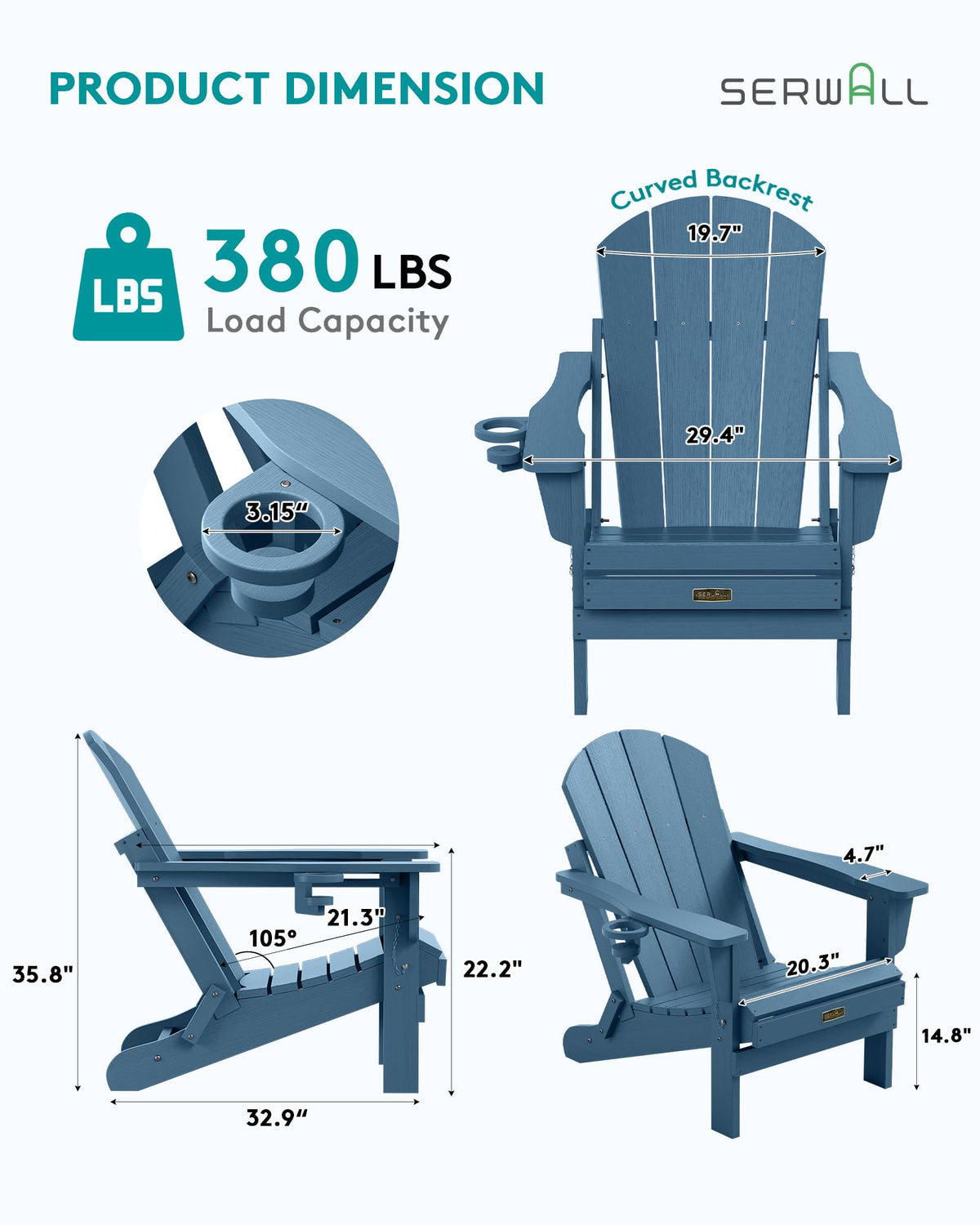 Folding Adirondack Chairs with Cup Holder, Outdoor Fire Pit - Blue