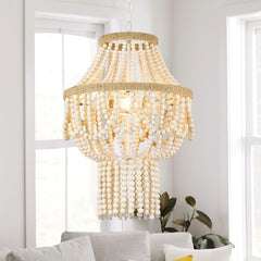3-Light Large Birch Wood Beaded Chandelier, 16 Inch Boho Farmhouse Pendant Light Feature, Rustic Hanging Light