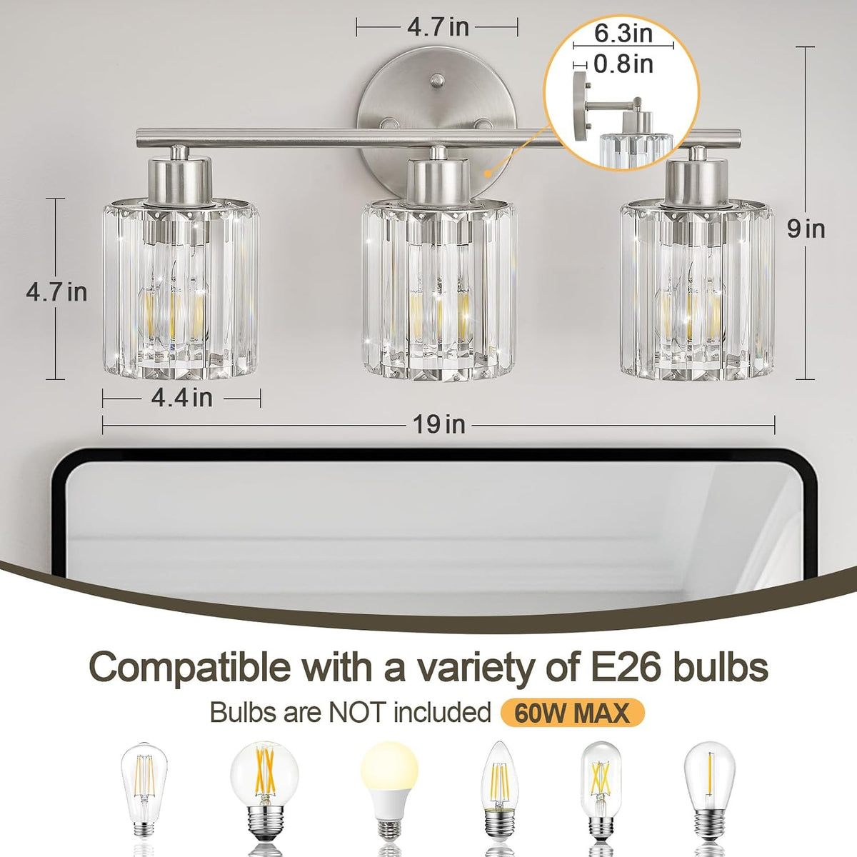 Modern Brushed Nickel Crystal Bathroom Light Fixtures,3-Light | Bathroom Lighting Fixtures over Mirror,Vanity Lights