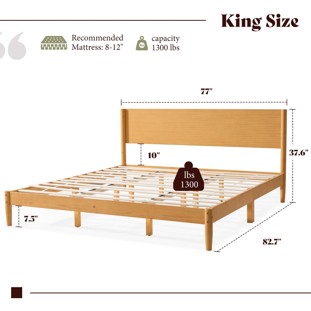 Solid Wood King Bed Frame, Mid Century Bed with Headboard, Natural