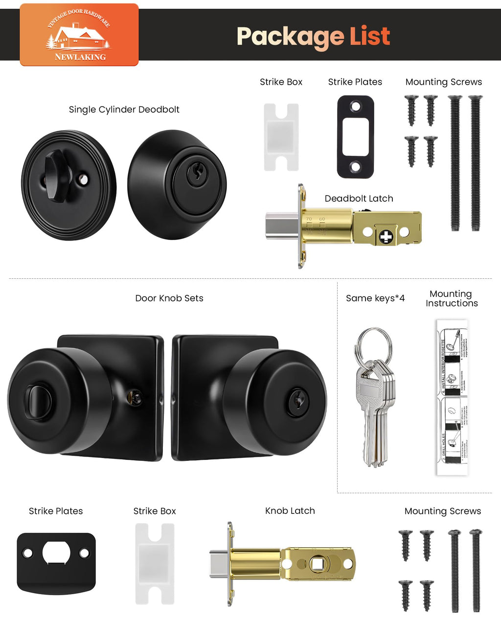 Front Door Lock Set with Deadbolt, Keyed Alike Door Knobs with Lock, 1 Set