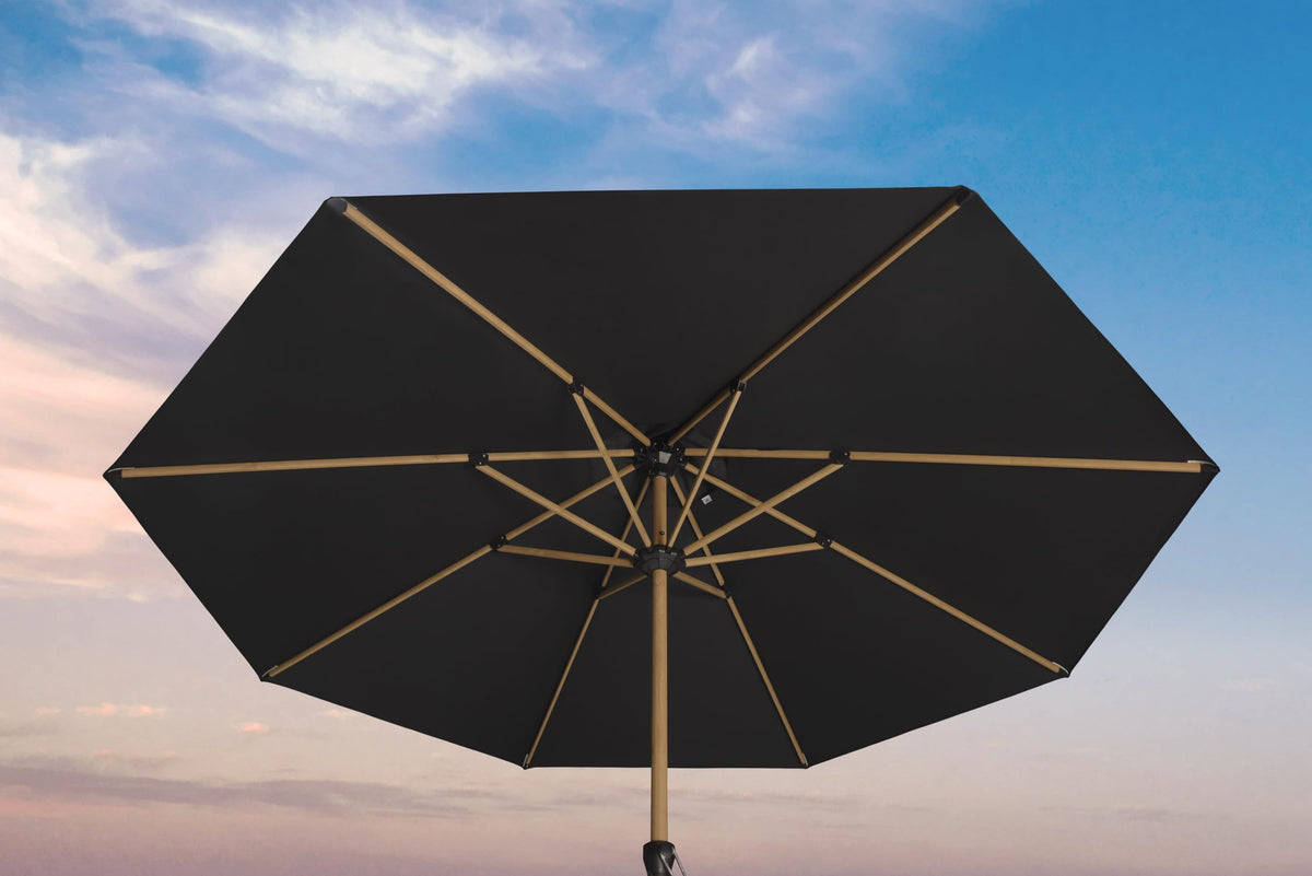 Outdoor Umbrella 11Ft Market Table Wood-Grain Finish, Black