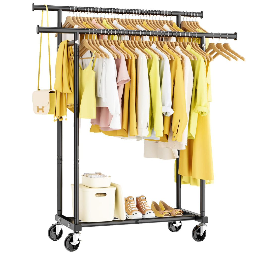 Double Rods Clothes Rack, Rolling Clothing Rack for Hanging Clothes Portable Wardrobe, Metal Garment Rack Sturdy Coat
