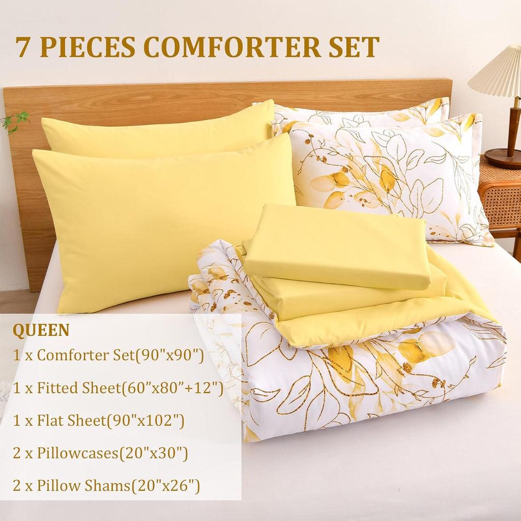 Yellow Botanical Comforter Set Queen, 7 Pieces Floral Bed in a Bag with Golden Leaves