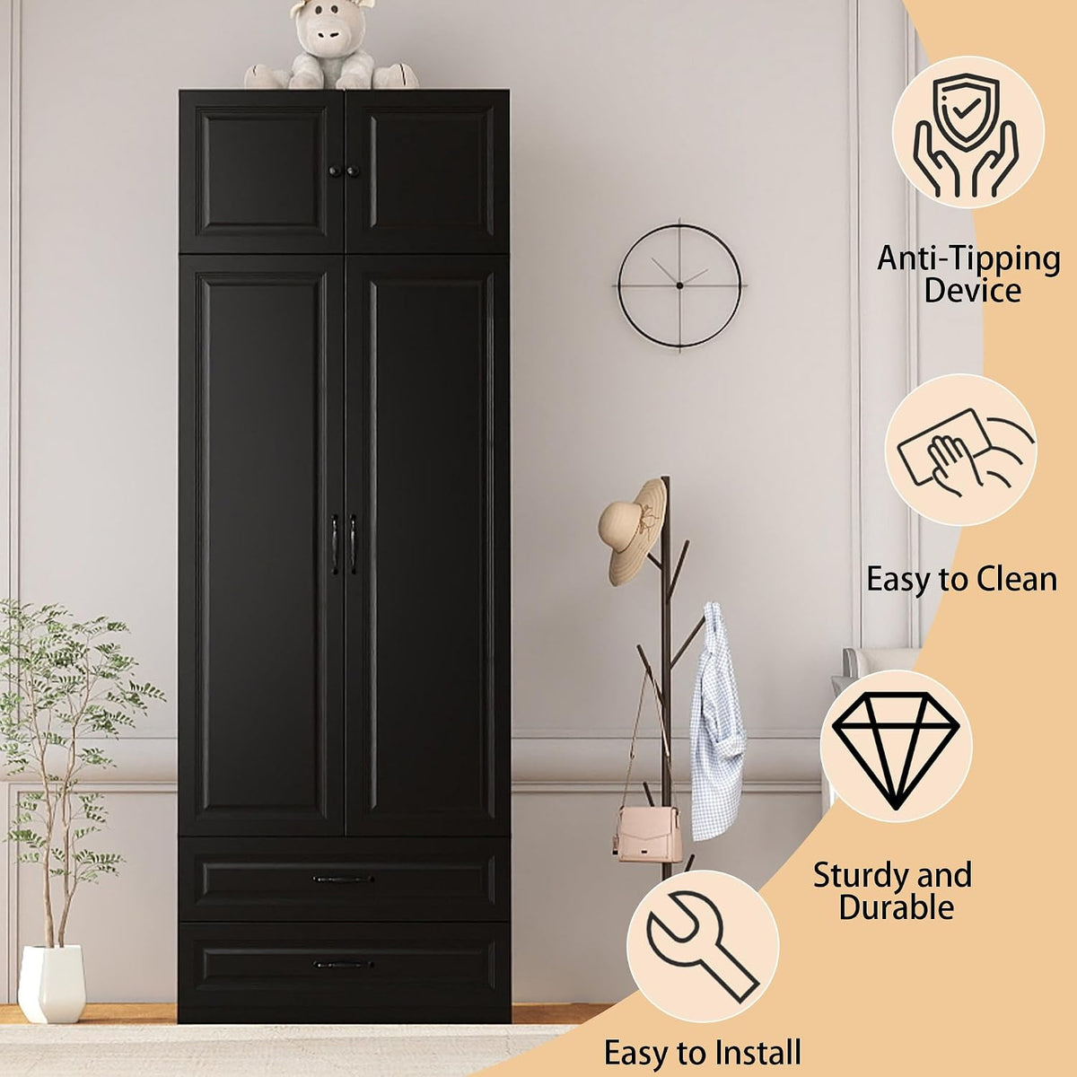 Armoire Wardrobe Closet with Drawers: Bedroom Armoires with Hanging Rod, Wooden Closet Cabinet for Hanging Clothes