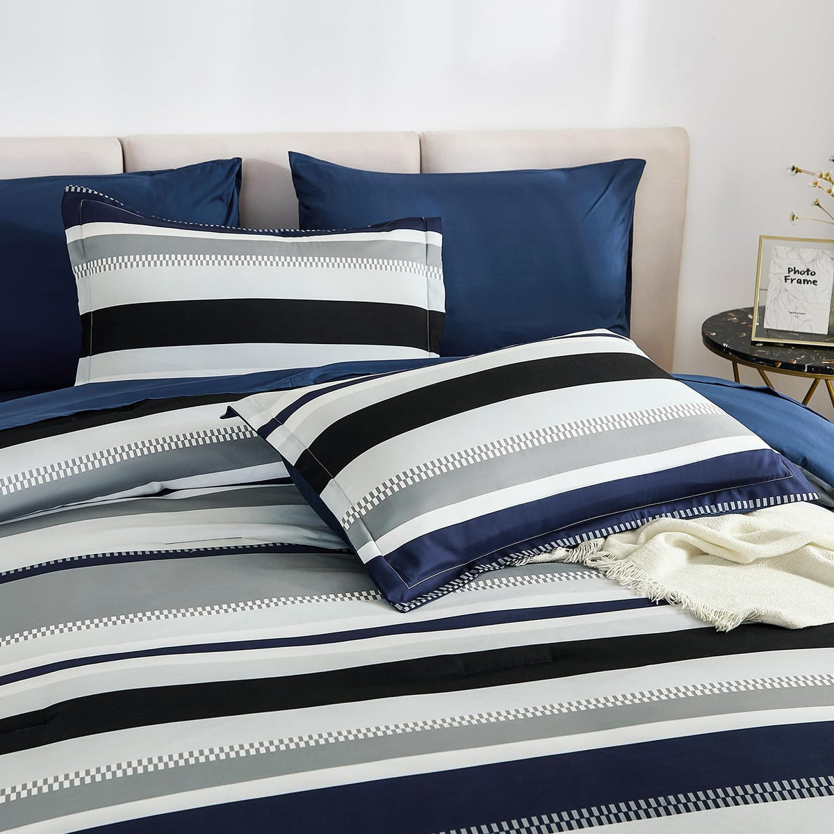 Comforter, Navy Blue Bedding Comforter Set for Bed, Striped Bed in a Bag Comforter Sets for