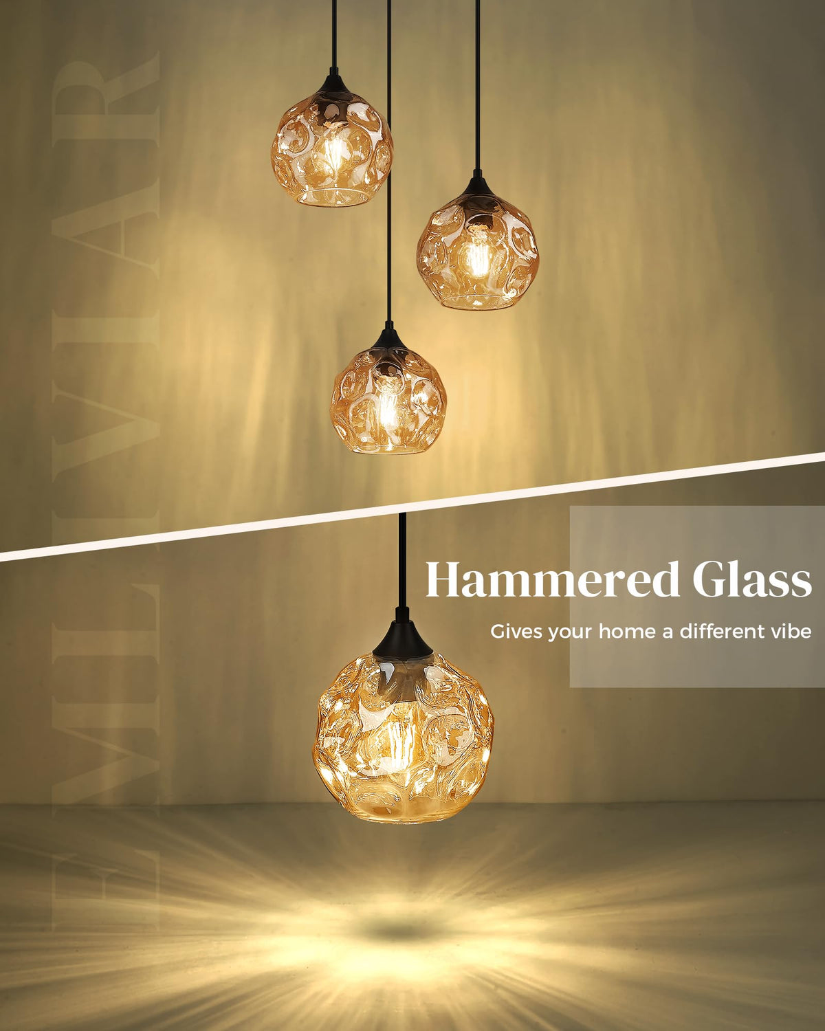 Cluster Pendant Lamp with Hammered Glass, Linear Barn Hanging Pendant Lighting in Amber Finish, DYE287G2-3 BK