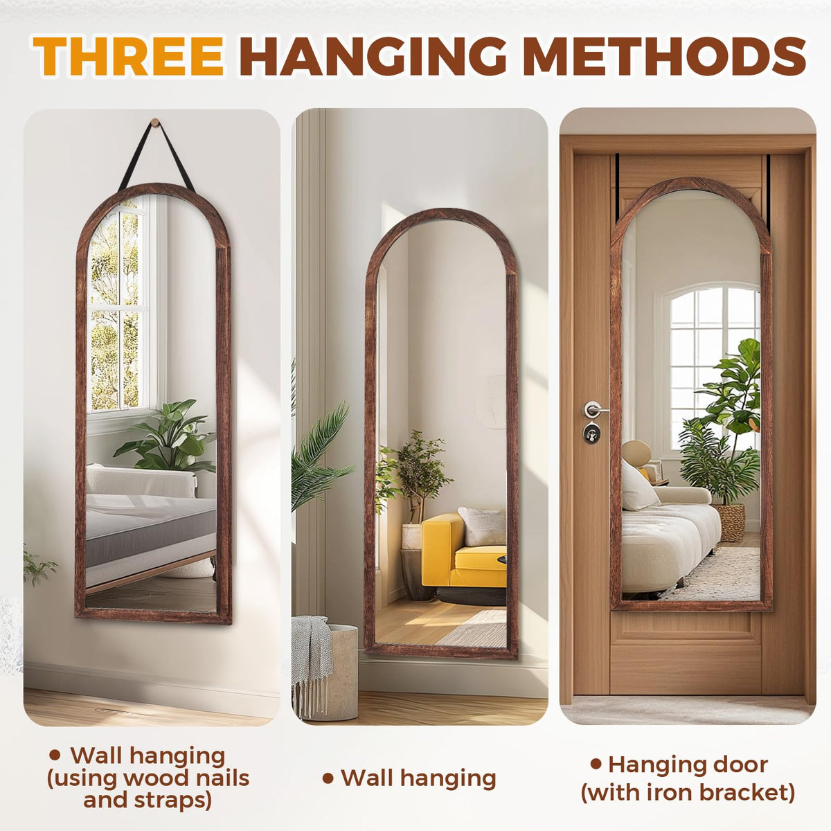 48x16in Arched Full Length Mirror Solid Wood Frame, Brown