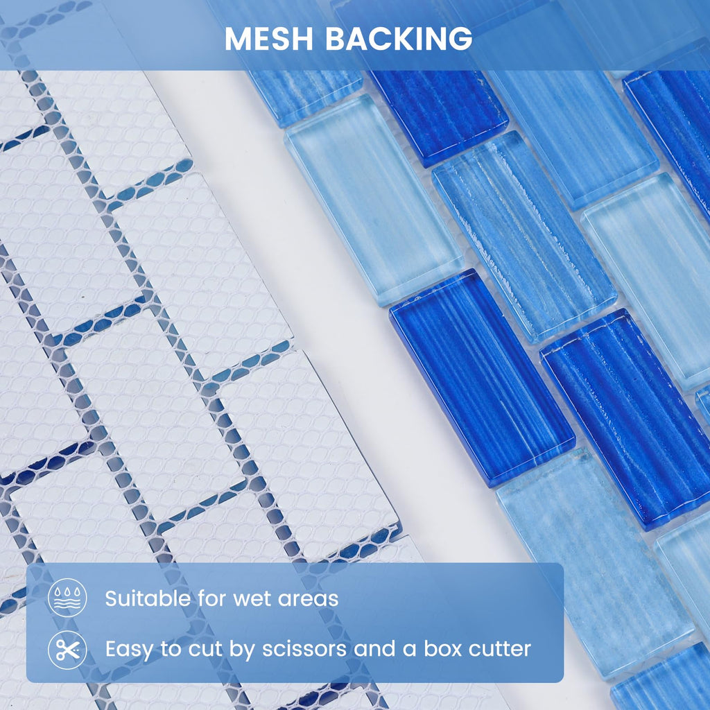 Glass Tile Mosaic Backsplash Mixed Blue 12 x 12 Inch Glossy Pool Glass Tile Square Mosaic Tiles for Swimming Kitchen