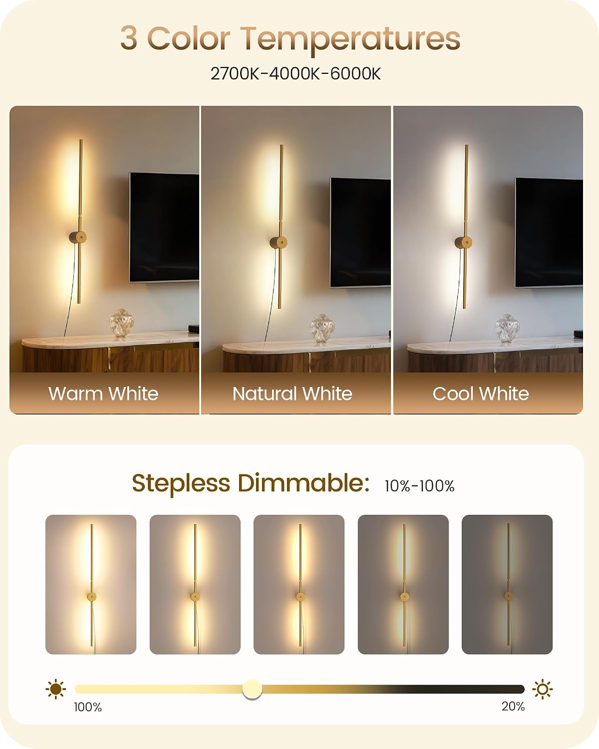33" Wall Sconces Set of 2 with Remote Control, Dimming & 3 Color Temperatures, Plug-in Gold Wall Lights for Bedroom