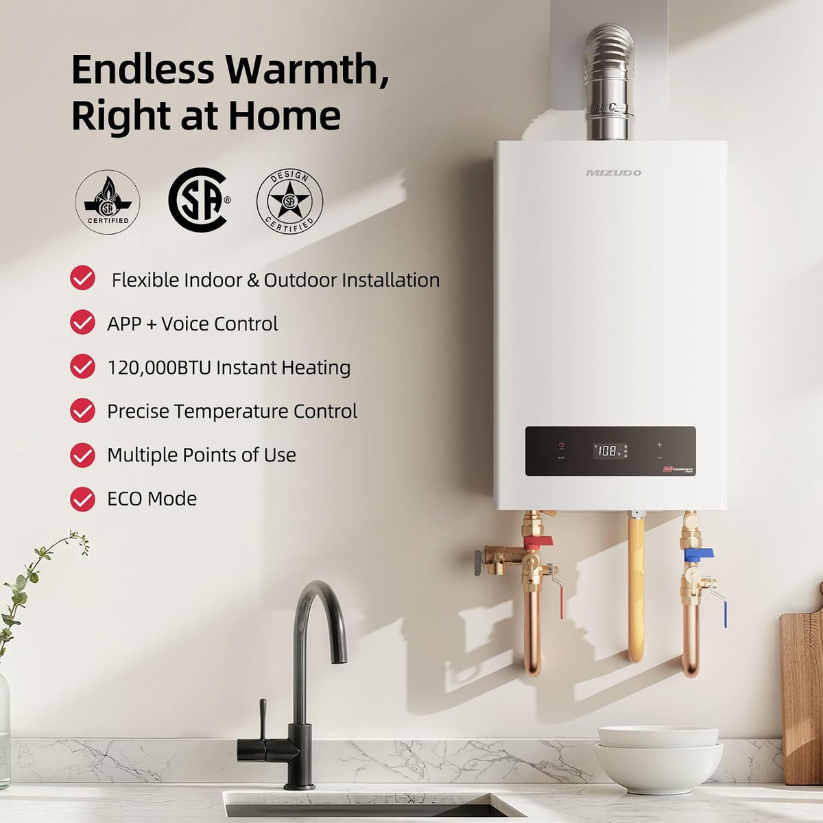 Natural Gas Tankless Water Heater, Indoor or Outdoor Convertible Installation, Max 5.1 GPM 120, 000 BTU