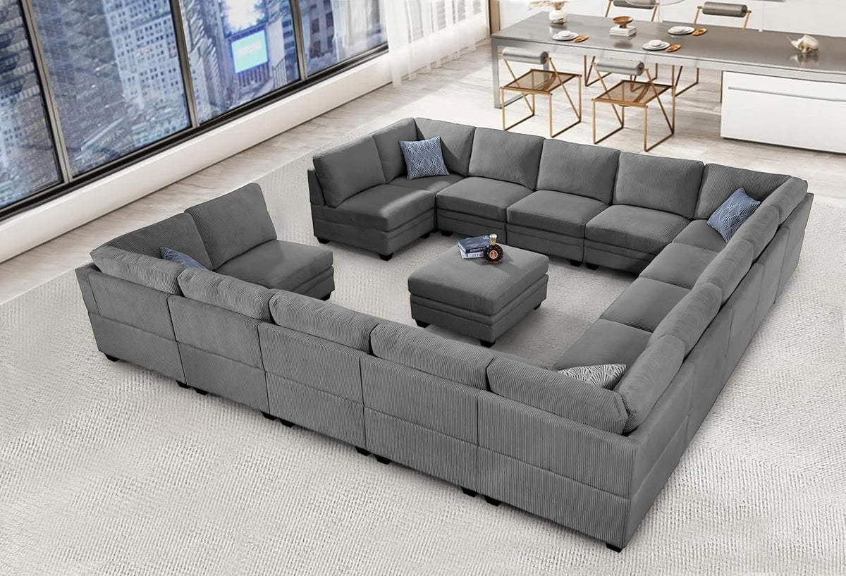 Oversized Modular Sectional Sofa, U/L‐Shaped Reversible Couch with Ottoman, Deep Seat Corduroy Sofa, 16‐Seater, Grey