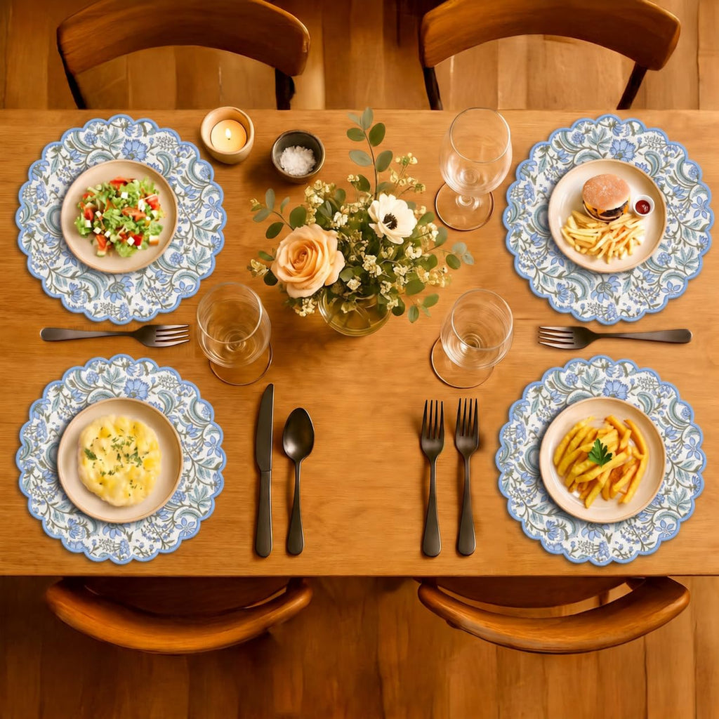 Floral Block Print Round Placemats 15 Inch, Set of 4, Columbia Blue