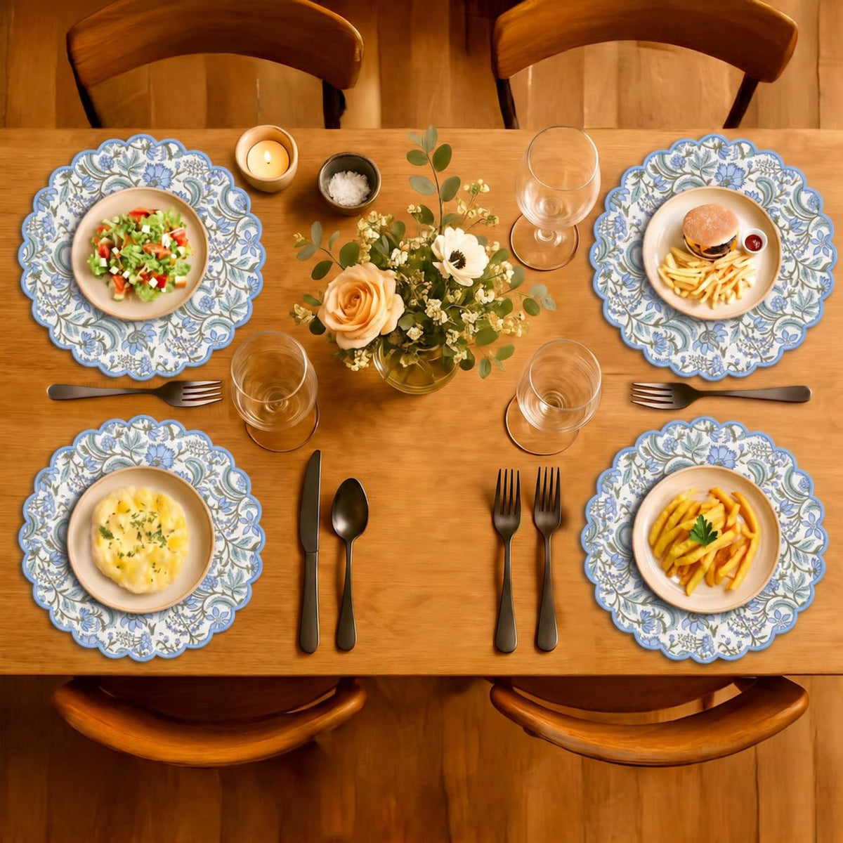 Floral Block Print Round Placemats 15 Inch, Set of 4, Columbia Blue