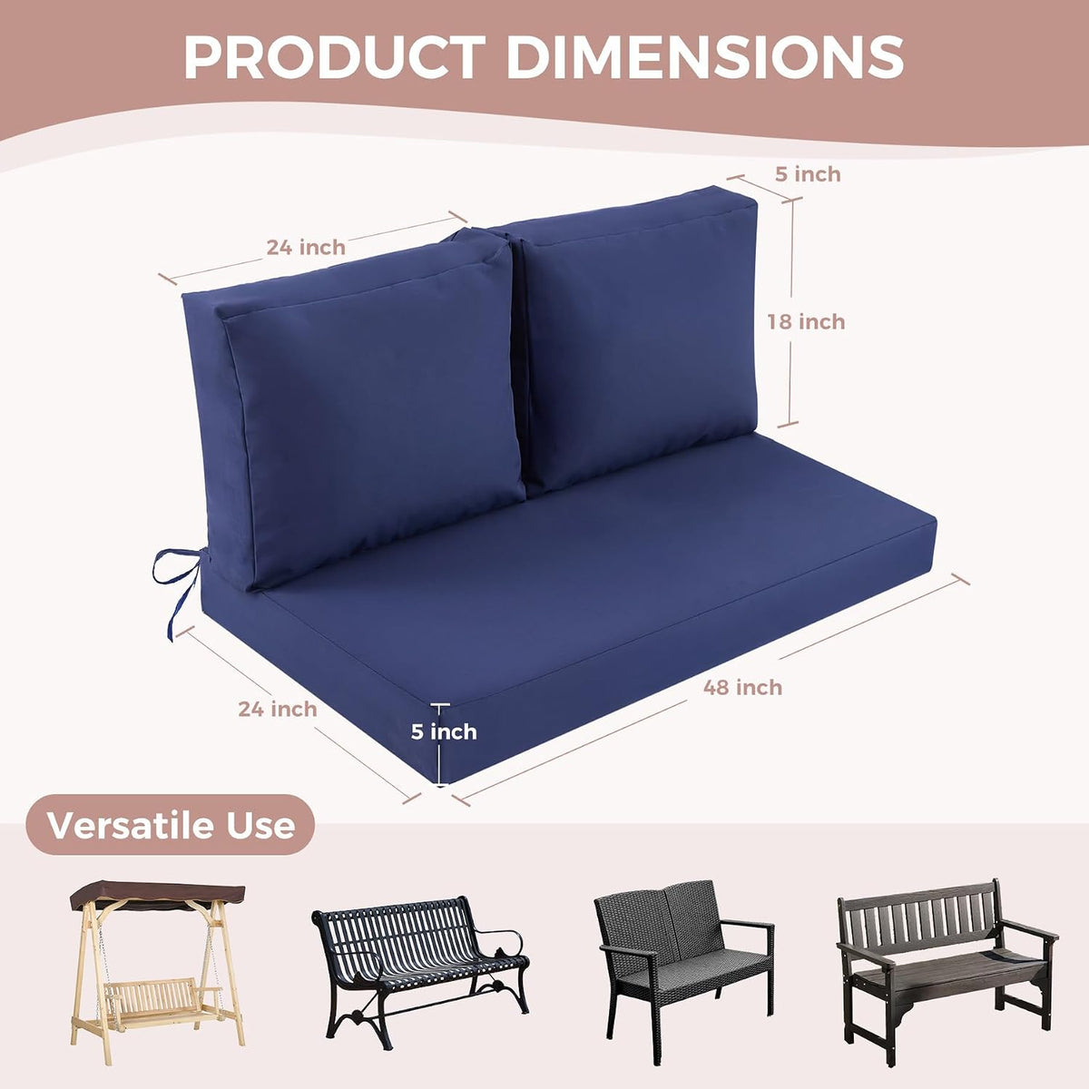 Outdoor Loveseat Cushions, 48×24×5 Inch, Waterproof, Navy Blue | Patio Loveseat Cushions for Outdoor Furniture, Fade