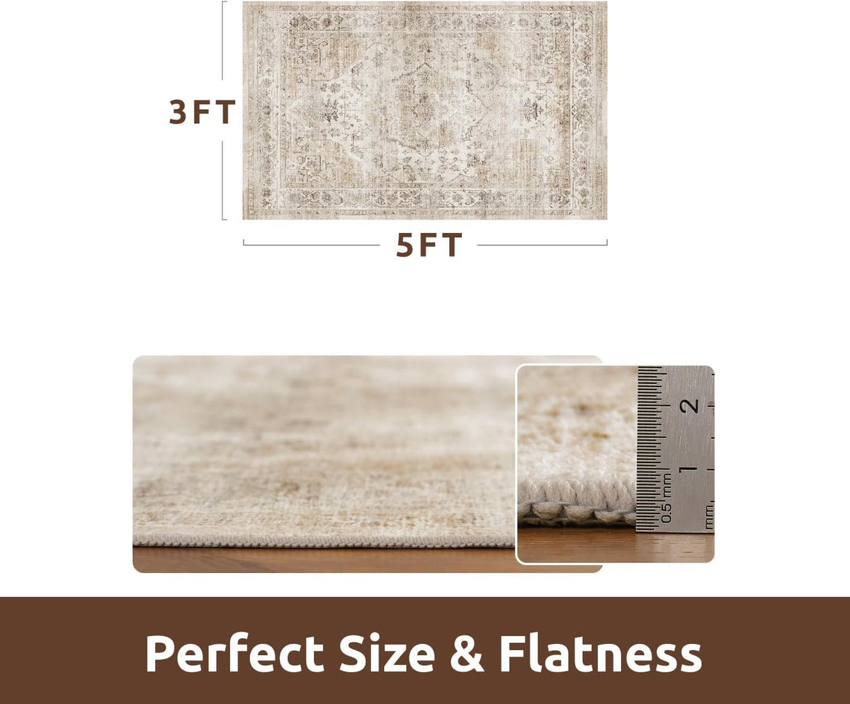 Area Rug-Soft Washable Vintage Throw Accent Rugs, Laundry Room, Kitchen, Bathroom, Bedside, No Slip Beige