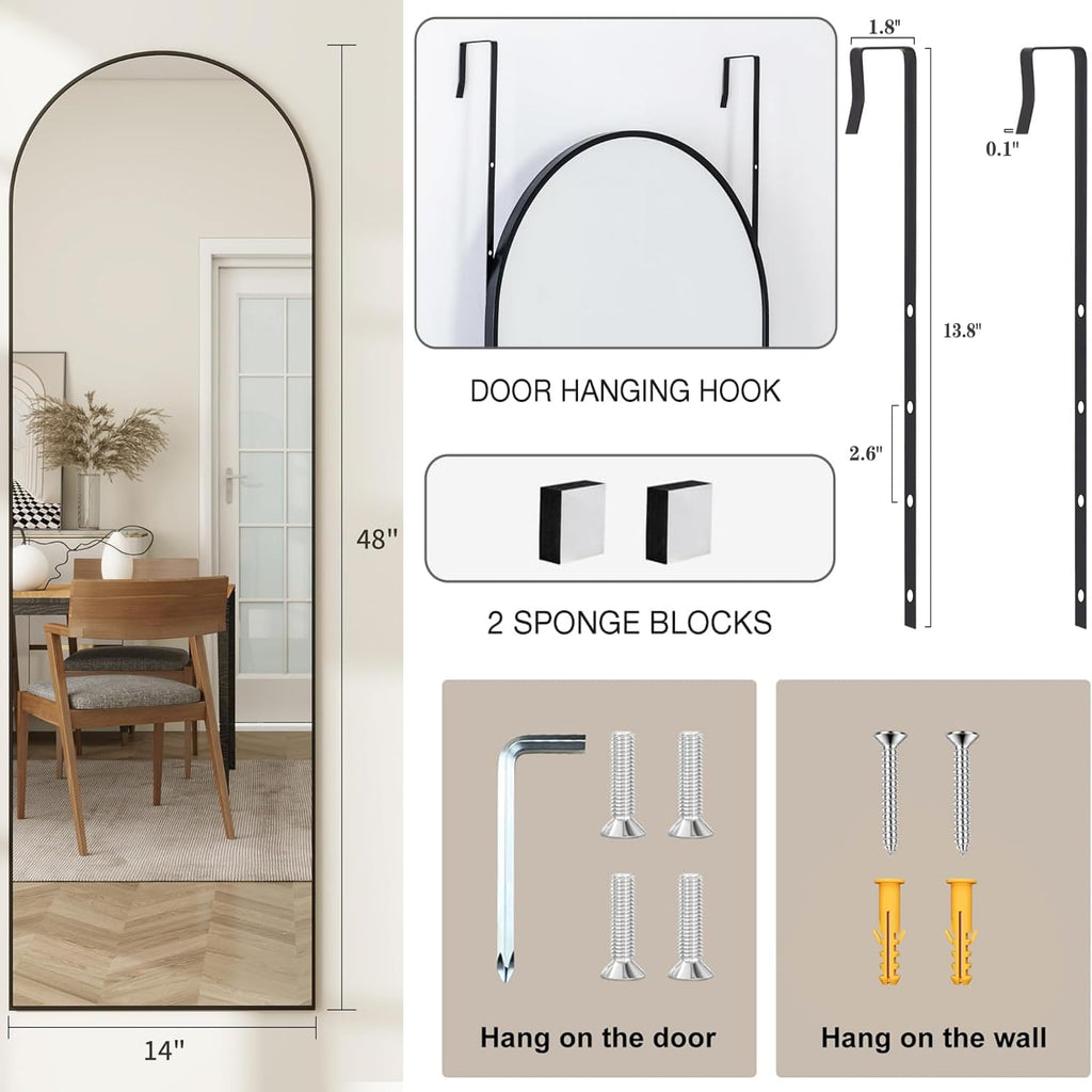 48"x 14" Arched Full Length Door Mirror, Full Body Mirror, White