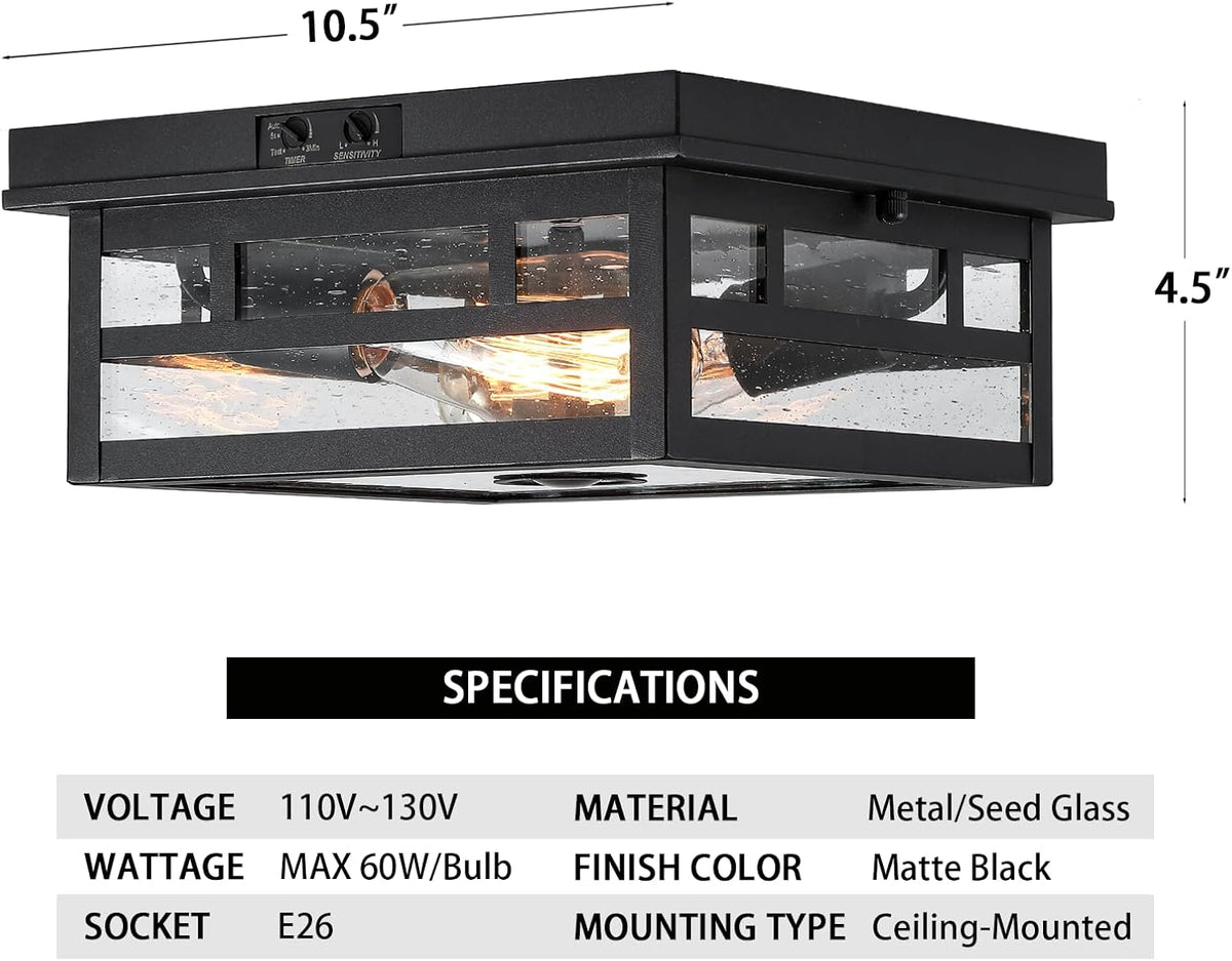 Outdoor Flush Mount Motion Sensor Ceiling Light - Timeless Industrial Design with Seeded Clear Glass for Your Porch