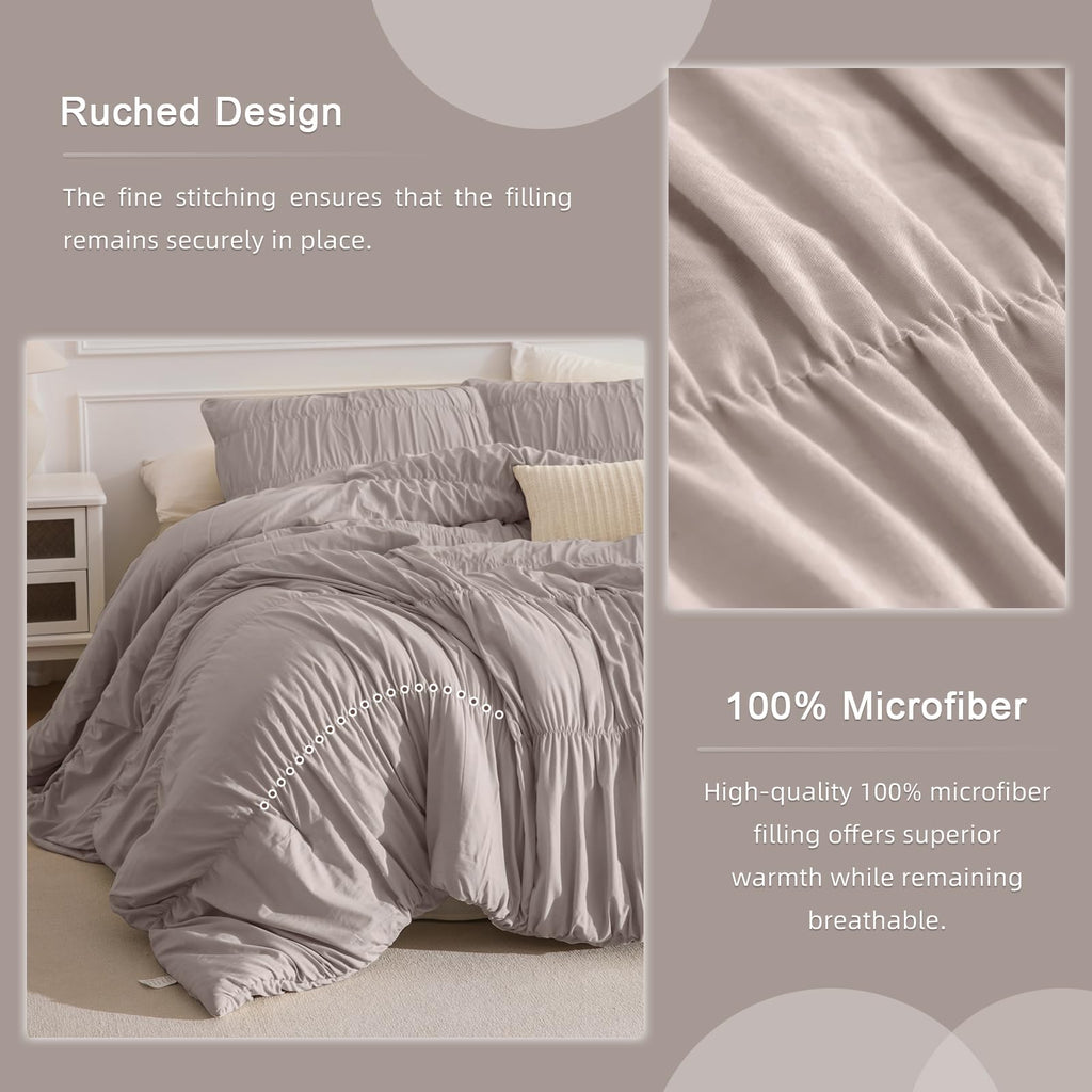 Oversized King Comforter(120"x98"), Taupe Ruched Ruffle California King Comforter Set, 3 Pieces Lightweight Extra Large
