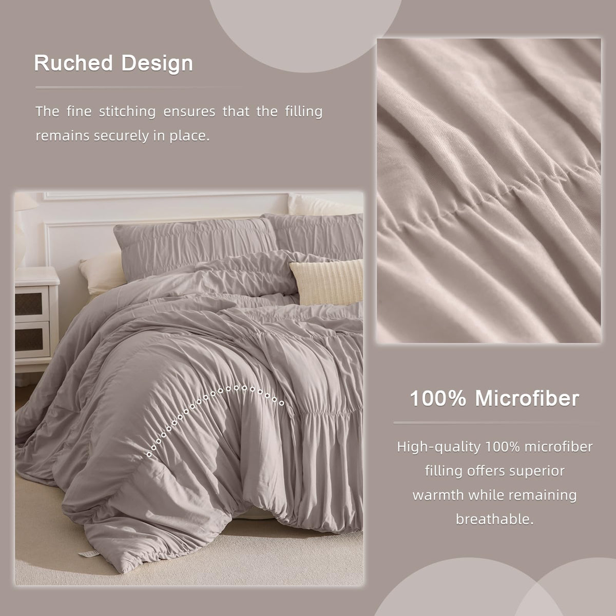 Oversized King Comforter(120"x98"), Taupe Ruched Ruffle California King Comforter Set, 3 Pieces Lightweight Extra Large