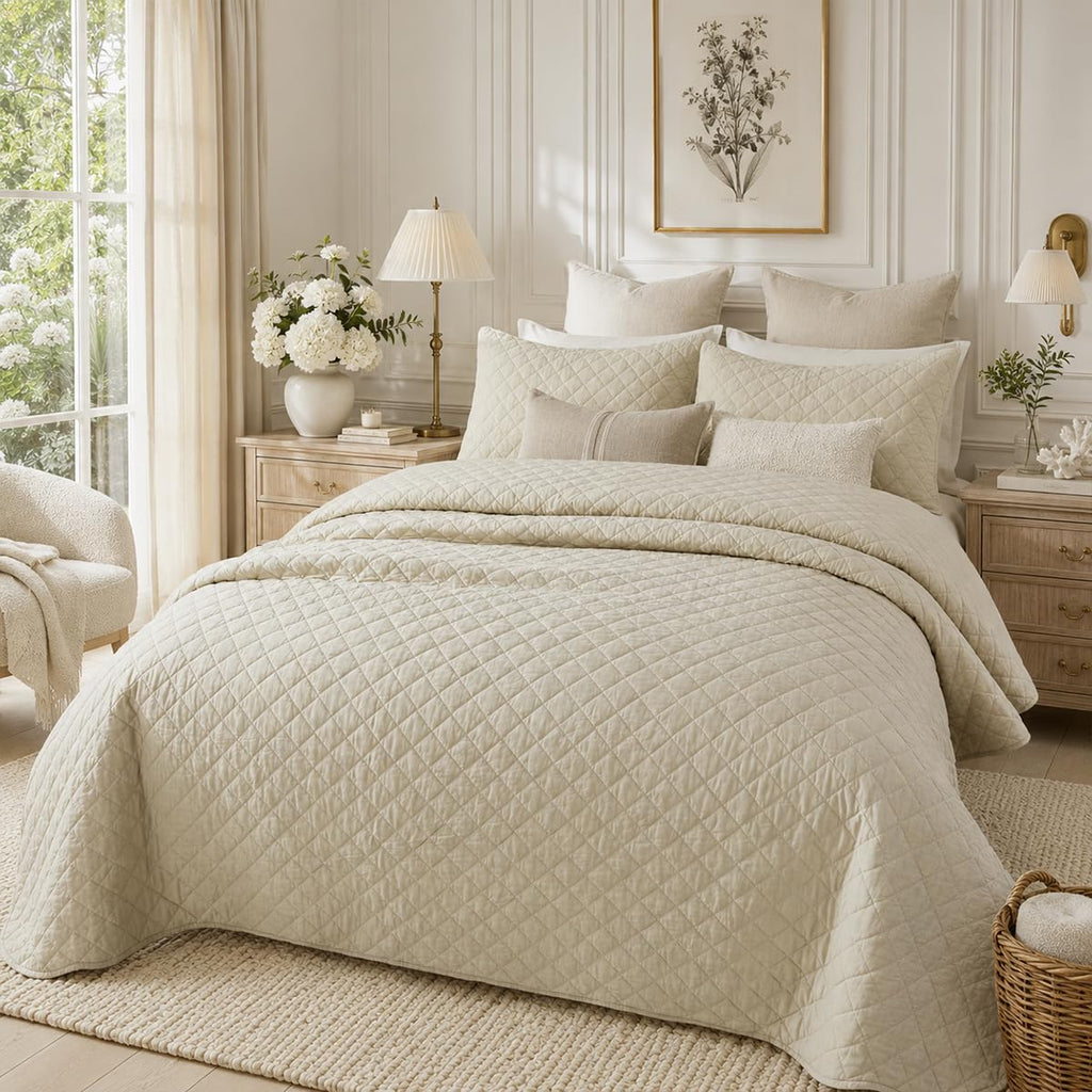 Beige Plaid Stitched Quilt Set Cotton All Season Coverlet