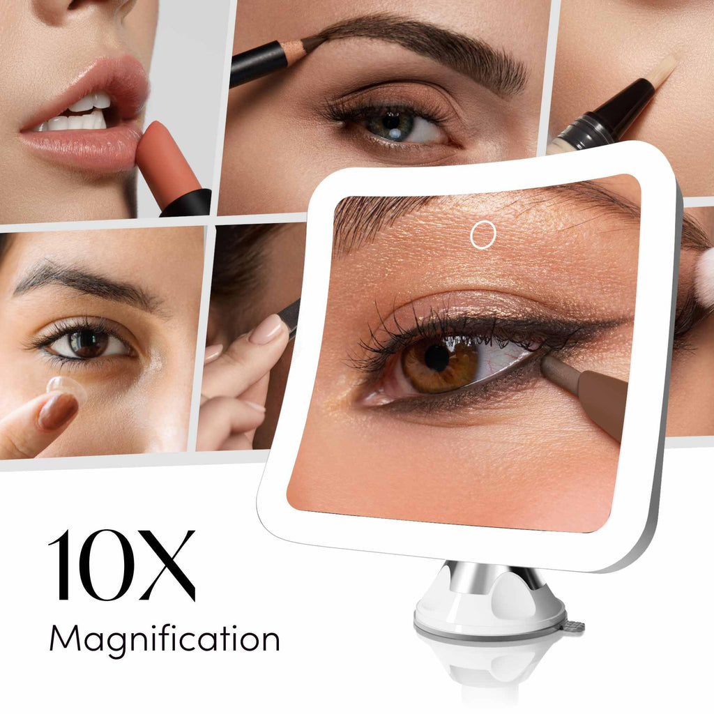 Rechargeable 10x Magnifying Mirror with 3 LED Light Settings, Dimmable Touch Light, Cordless, Locking Suction Mount