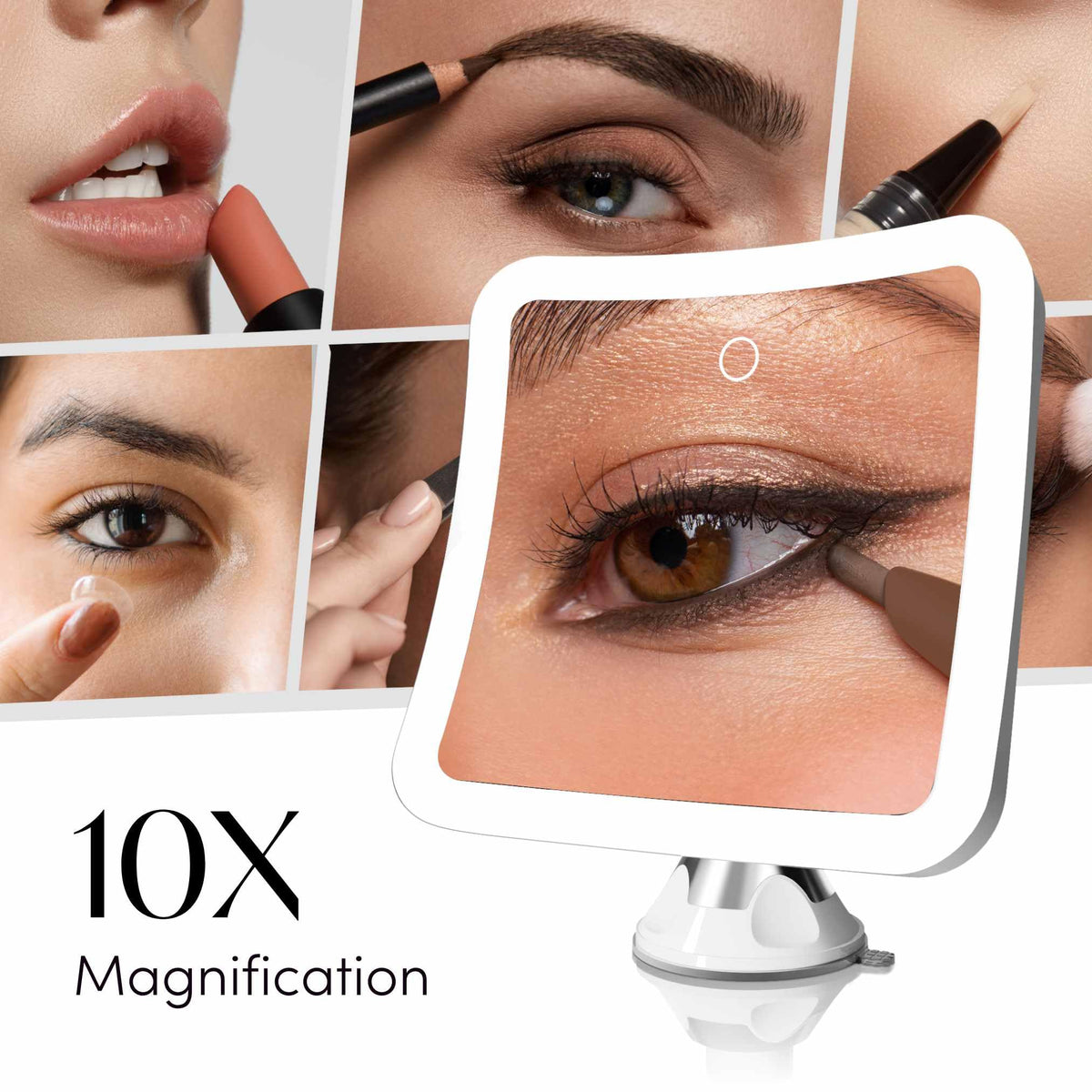 Rechargeable 10x Magnifying Mirror with 3 LED Light Settings, Dimmable Touch Light, Cordless, Locking Suction Mount