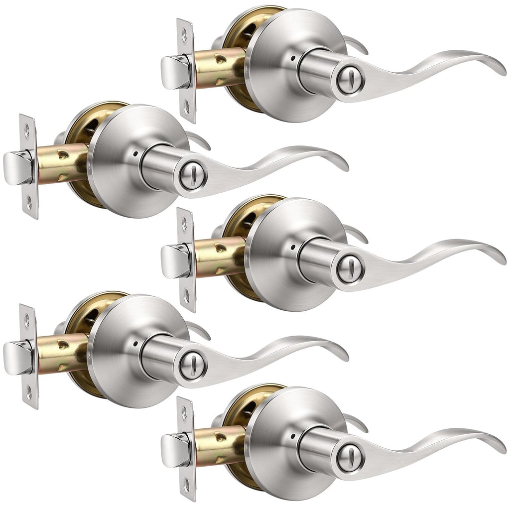 5 Pack Satin Nickel Privacy Door Lever, Modern Interior Door Knobs Locks, Heavy Duty Door Handle, Reversible Wave